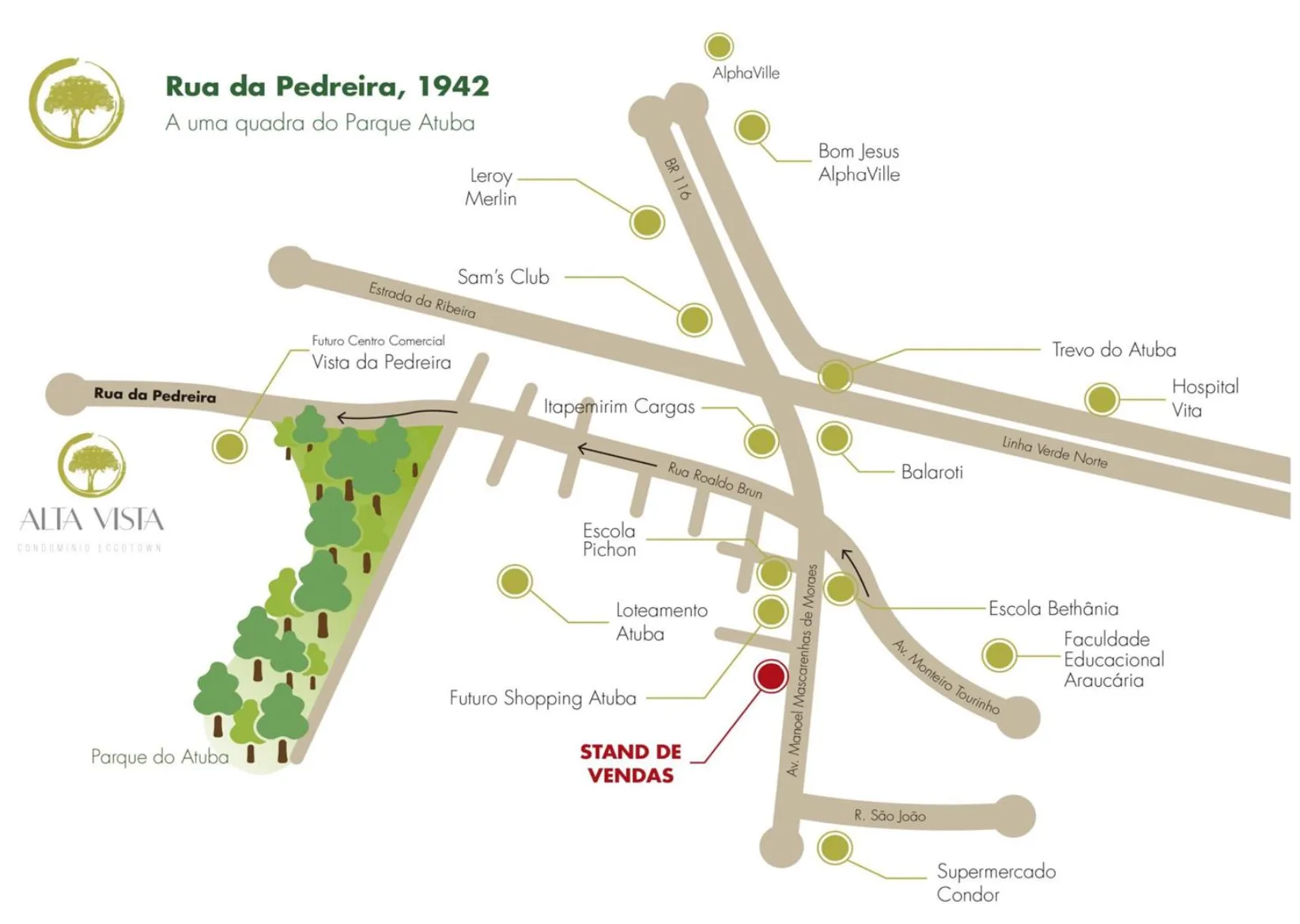 Mapa ilustrado da localização do Condomínio Alta Vista, na Rua da Pedreira, 1942, ao lado do Parque Atuba